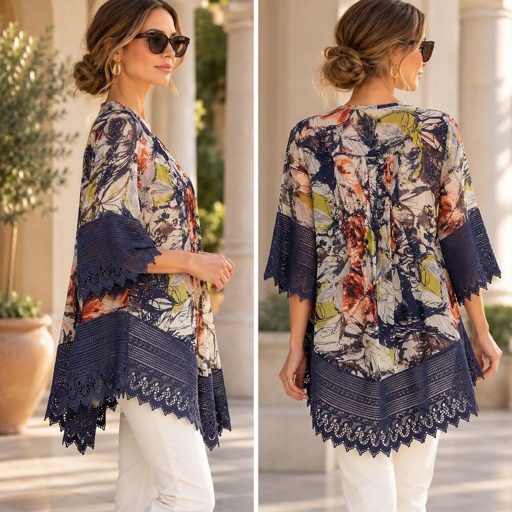 Coldwater Creek 100% Silk Floral Lace Trim Open Front Top 3/4 Sleeve PM